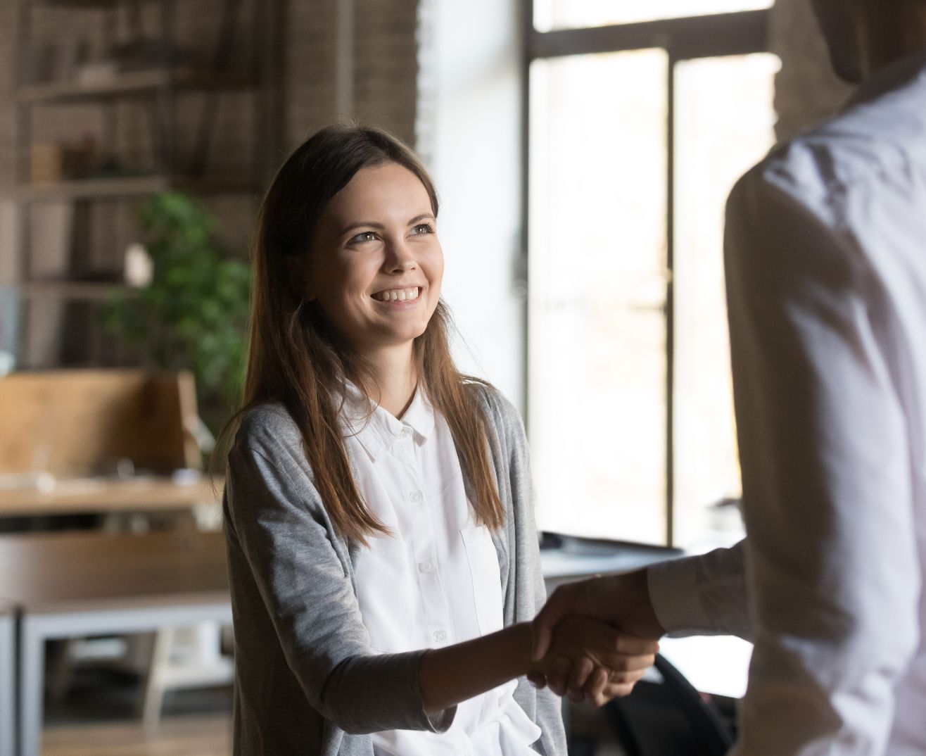 Business owner and accountant shaking hands during a meeting